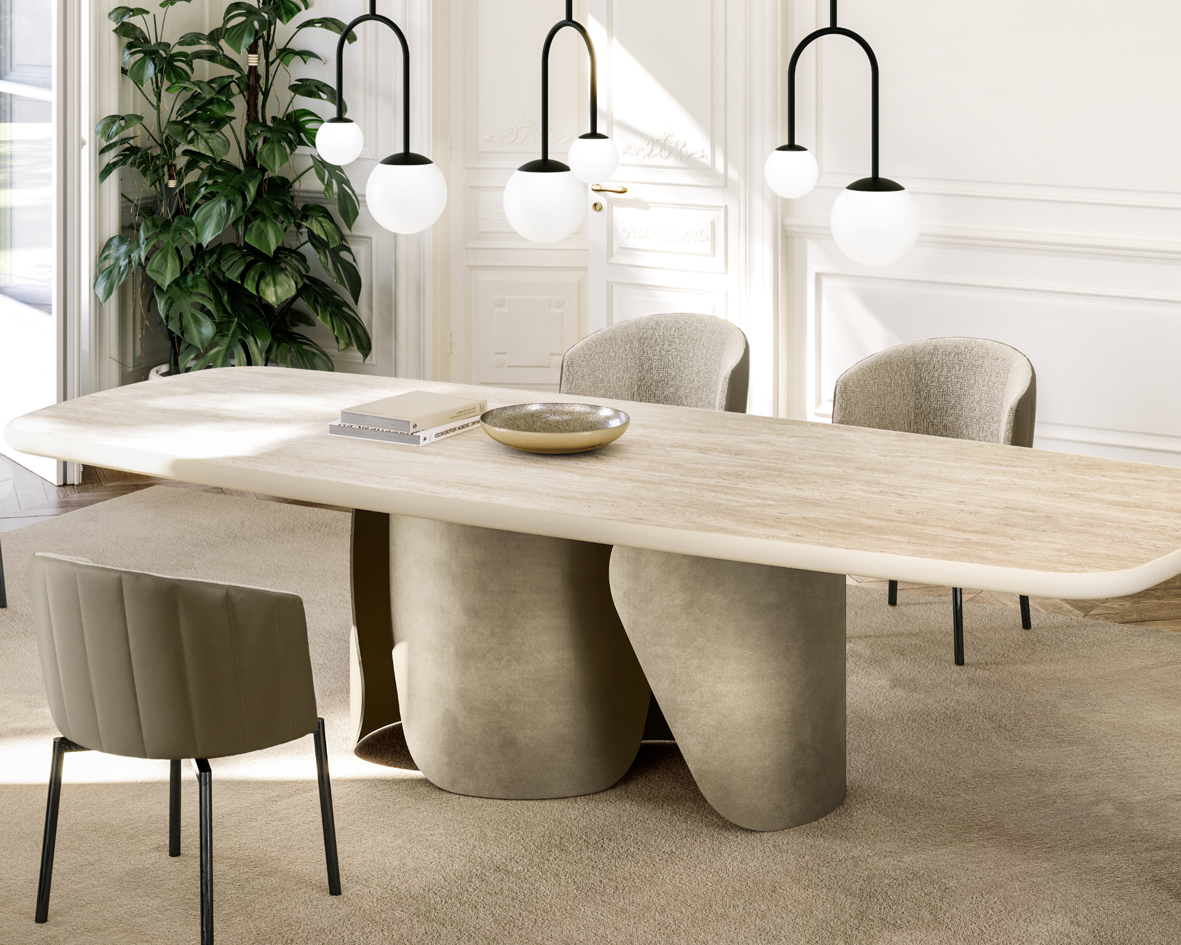 Modern dining room with a large wooden table and chairs, featuring pendant lights and a plant.