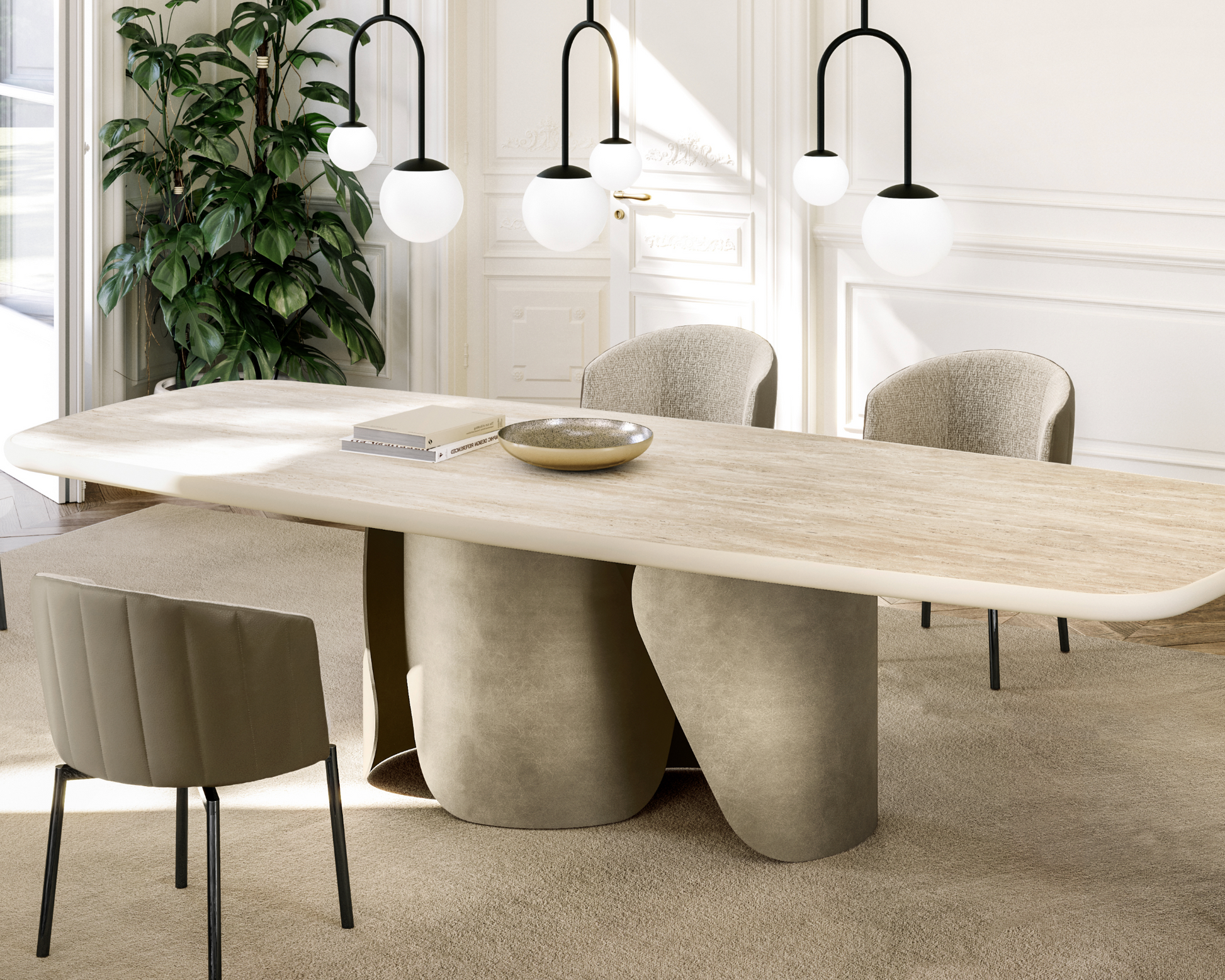 Modern dining room with a large wooden table and chairs, featuring pendant lights and a plant.