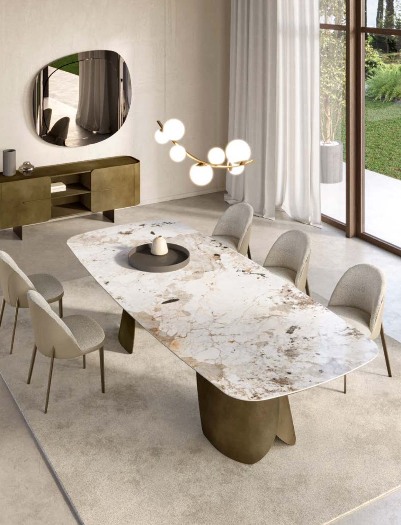 Modern dining room with a marble table and chairs in a bright room.