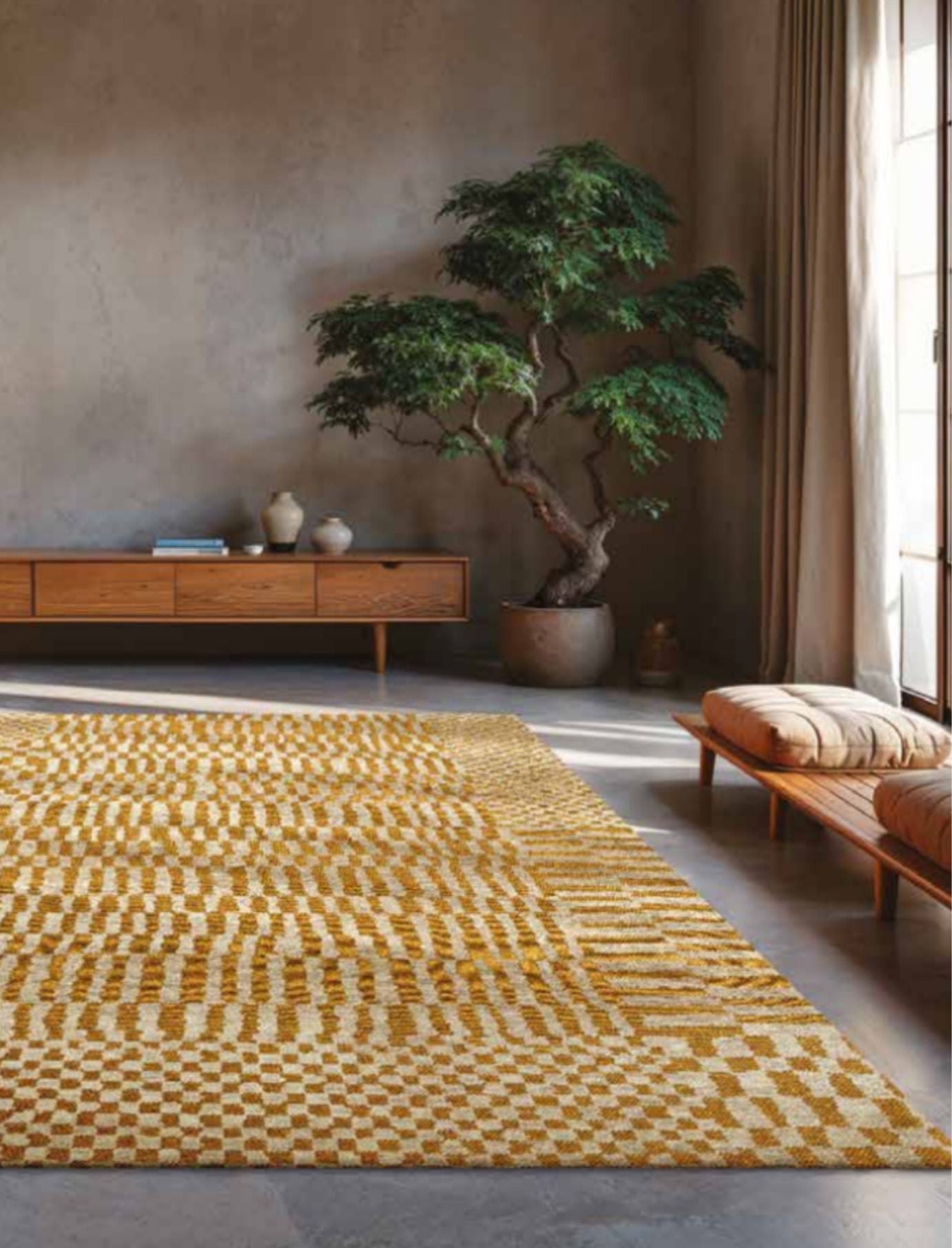 Living room with a yellow geometric patterned rug, retro wooden furniture, and a potted plant.