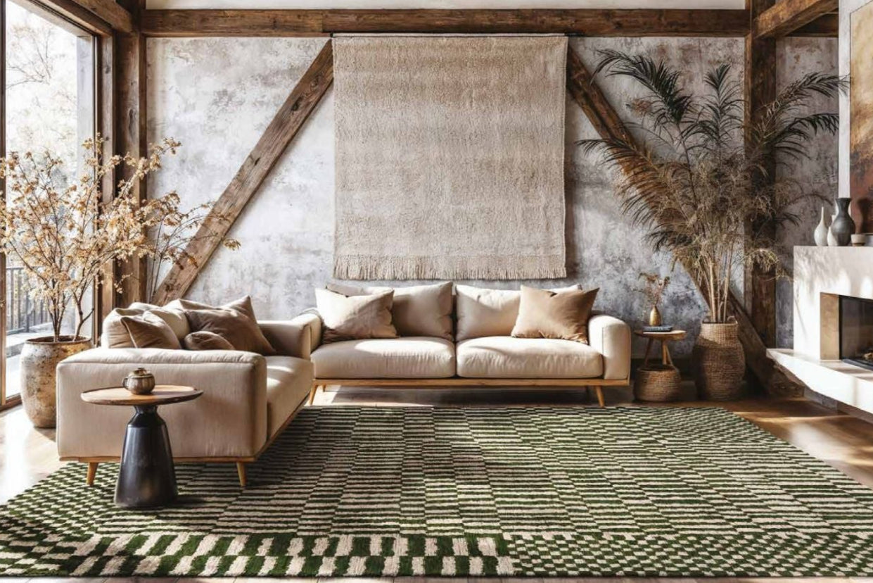 Living room with beige sofa, green rug, and decorative elements.