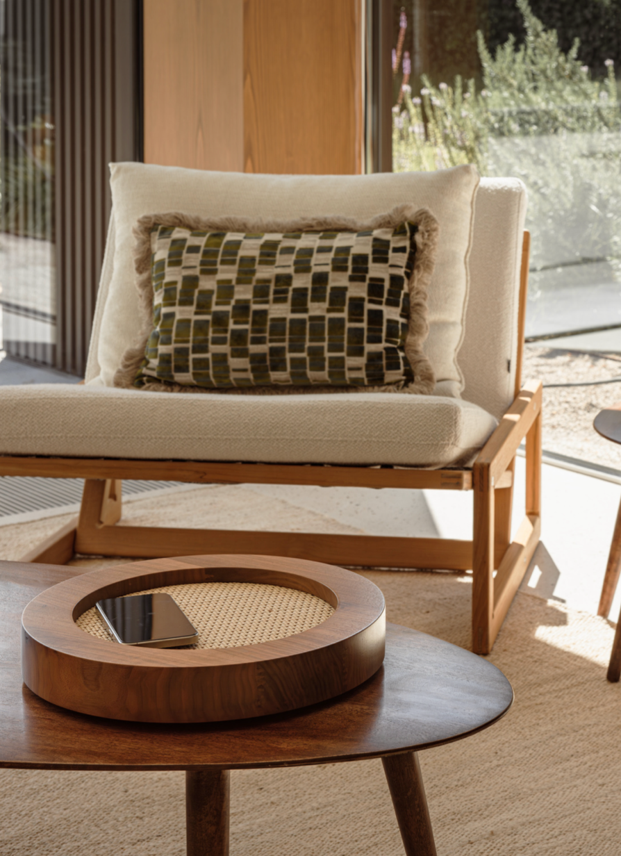 Walnut Charger on coffee table 