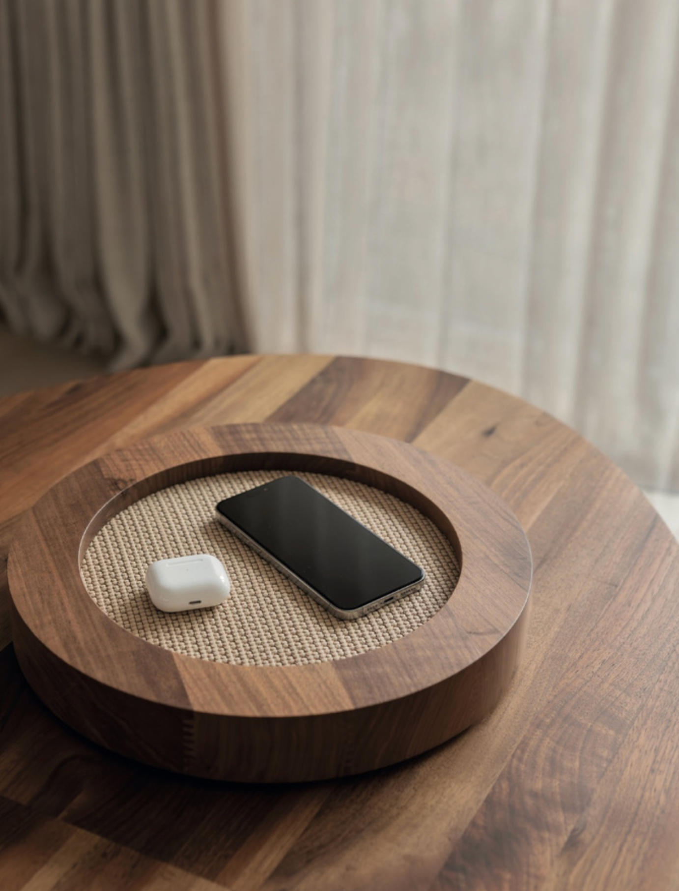 Walnut and woven leather phone charger